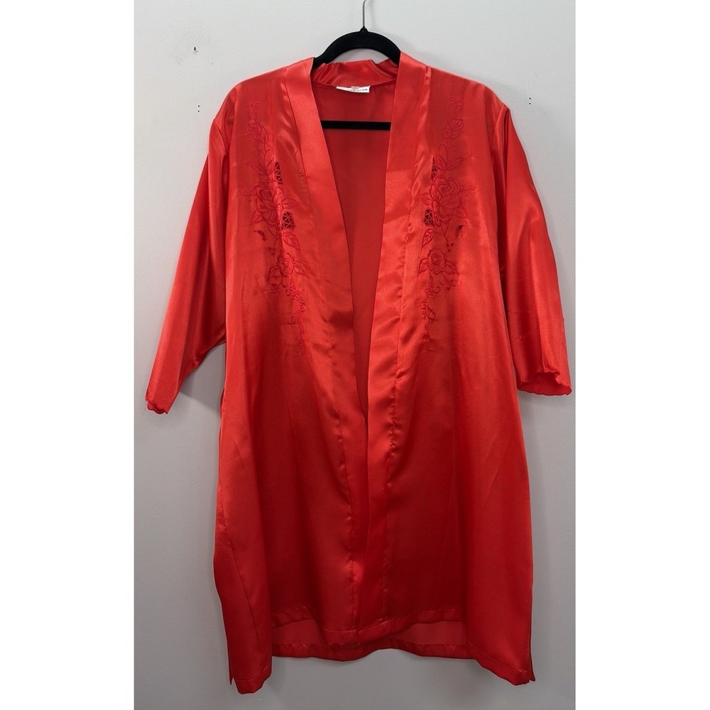 Vintage Liz Claiborne Women M Red Satin Kimono Sleep Set Embroidered Floral Sexy - Picture 1 of 11